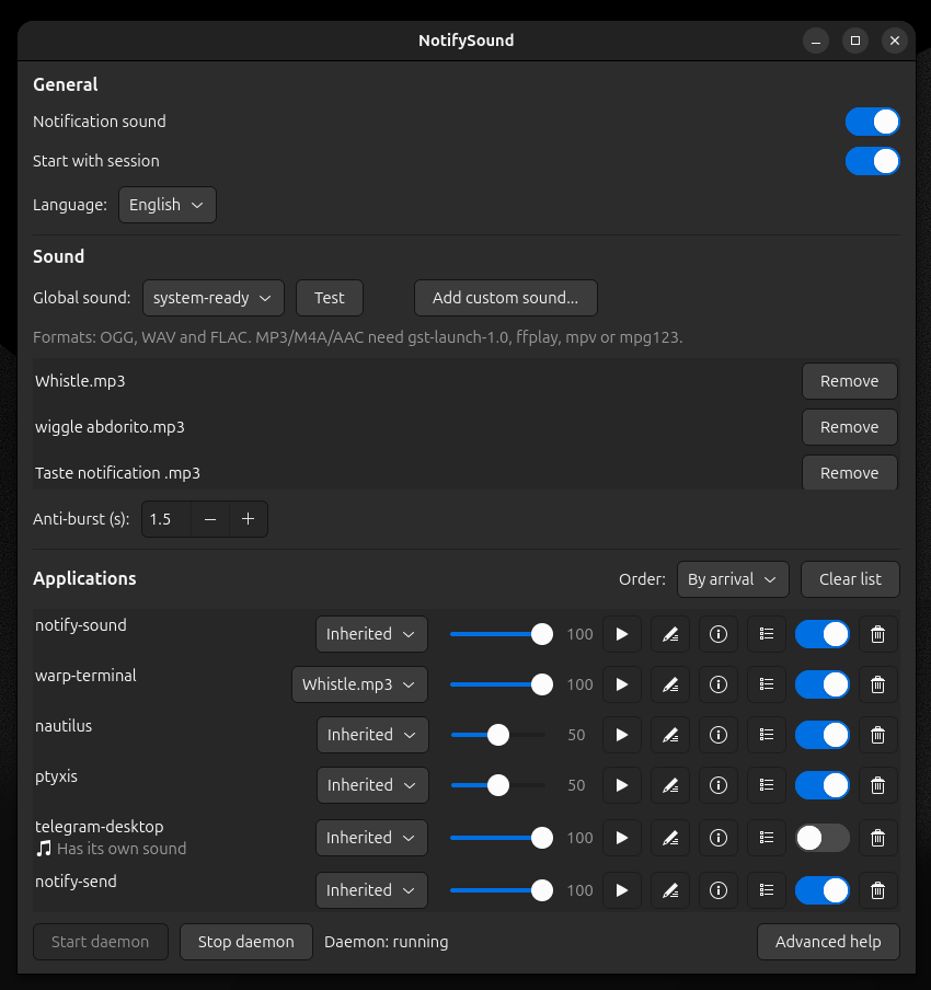 NotifySound main window: per-app sounds, volumes and switches