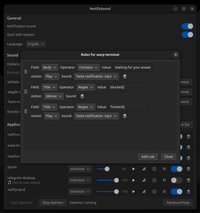 Per-app content rules in NotifySound (real example with three rules)